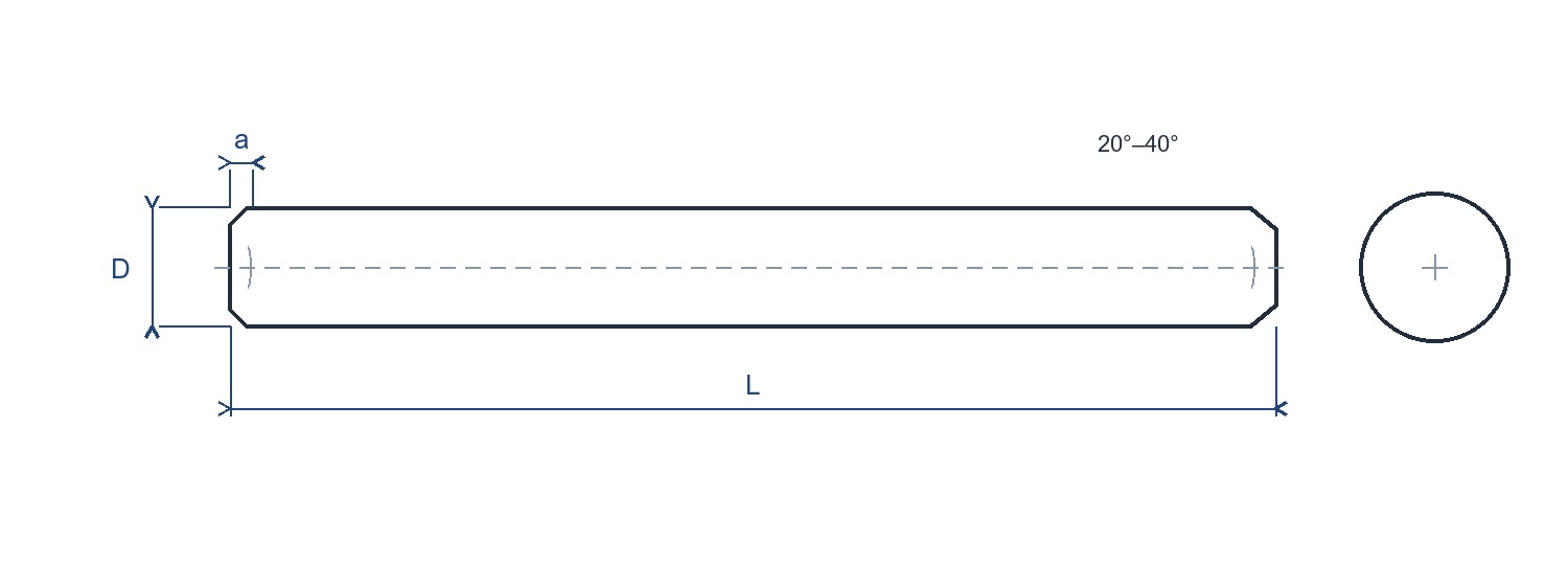 Line drawing of a metric parallel dowel pin with diameter, length and chamfer dimensions marked. Line drawing of a metric parallel dowel pin with diameter, length and chamfer dimensions marked.