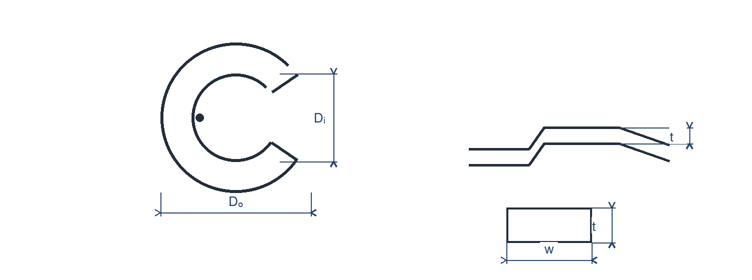 Line drawing of a split spring washer in top and side views with inside diameter, outside diameter, wire width and thickness marked. Line drawing of a split spring washer in top and side views with inside diameter, outside diameter, wire width and thickness marked.