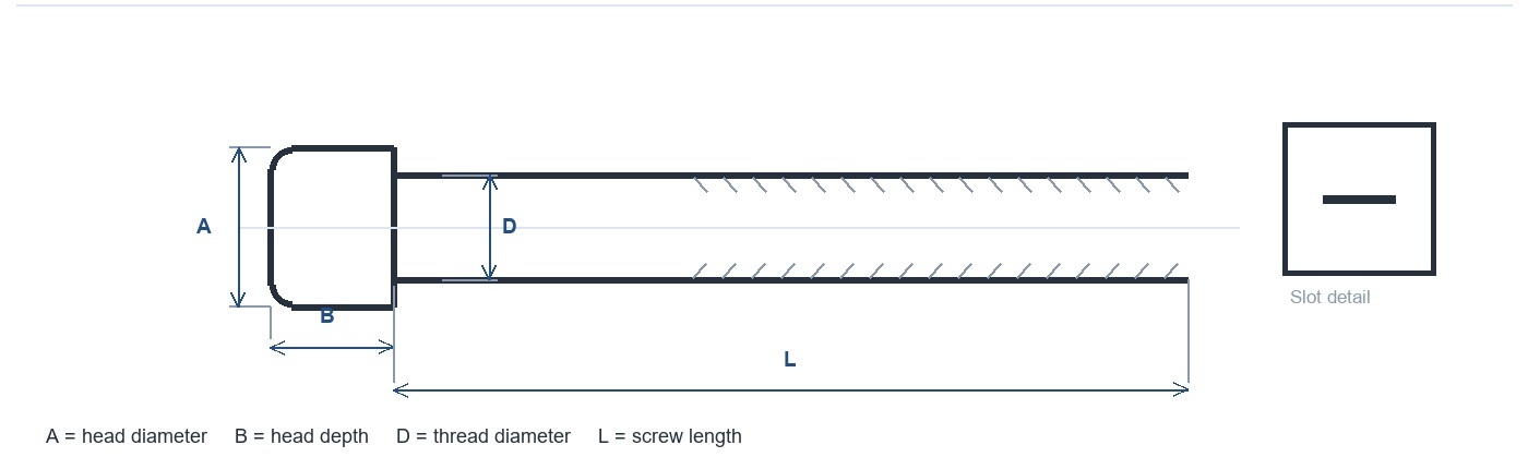 Schematic side and top views of a BS 57 BA cheese-head screw with head and thread dimensions labelled