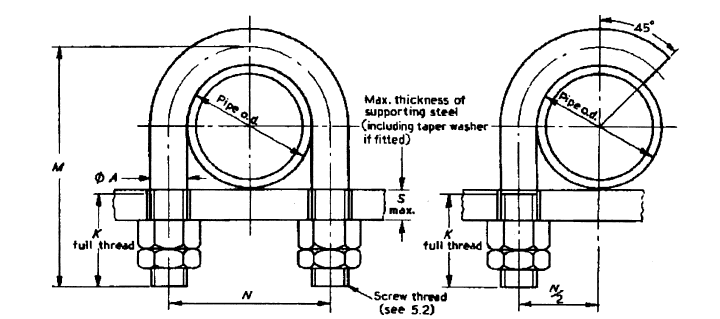 Dimensions of U-bolt (to grip pipe) and hook bolts Dimensions of U-bolt (to grip pipe) and hook bolts